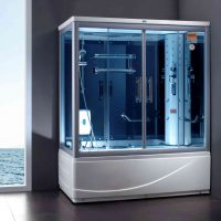 unusual interior of a bathroom with a shower in bright colors photo