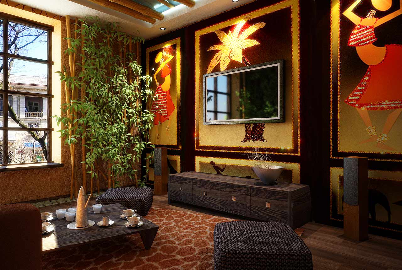 unusual interior of the bedroom in african style