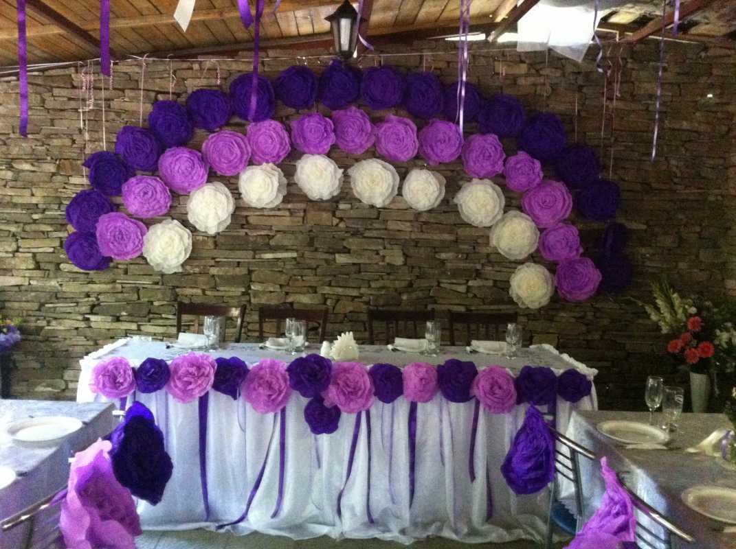 pink paper flowers in the hall facade