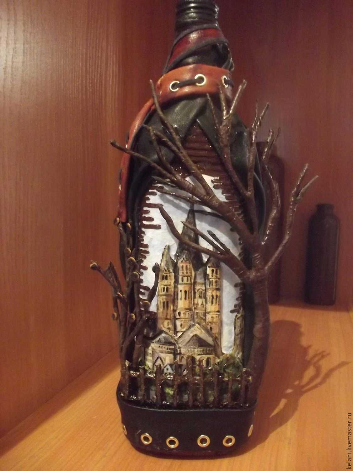 the idea of light decoration of glass bottles of leather with your own hands