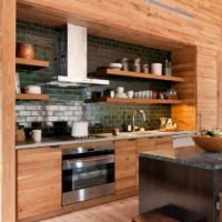the idea of a bright kitchen design in a wooden house photo