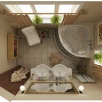 Baignoire d'angle dans une petite salle de bain, vue de dessus