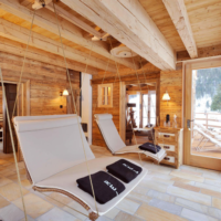 Wood-trimmed walls and ceiling of the living room