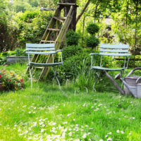 Garden chairs on a green lawn
