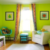 Bright green paint on the wallpaper in the nursery