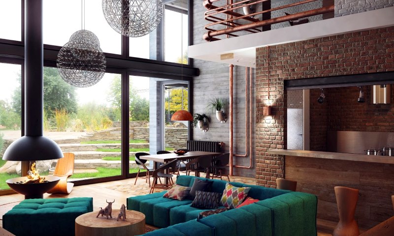 Copper decor in the living room of a private loft-style house