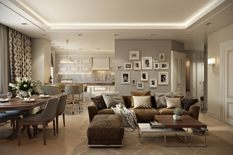 Interior of a living-dining room in a three-room apartment