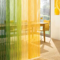 Zoning the kitchen with yellow-green filament curtains