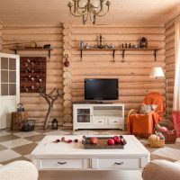The interior of the living room with log walls