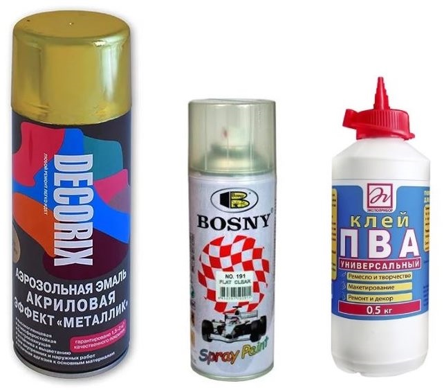 Varnish, paint and glue for decoupage a glass bottle