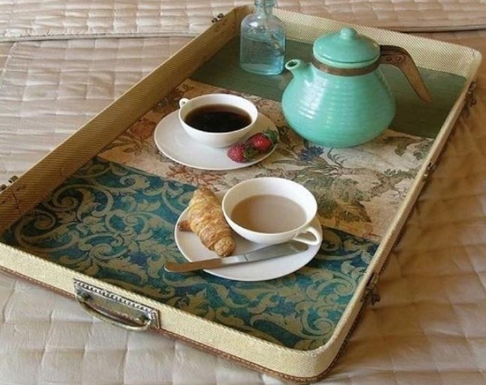 DIY tray from a suitcase and wallpaper