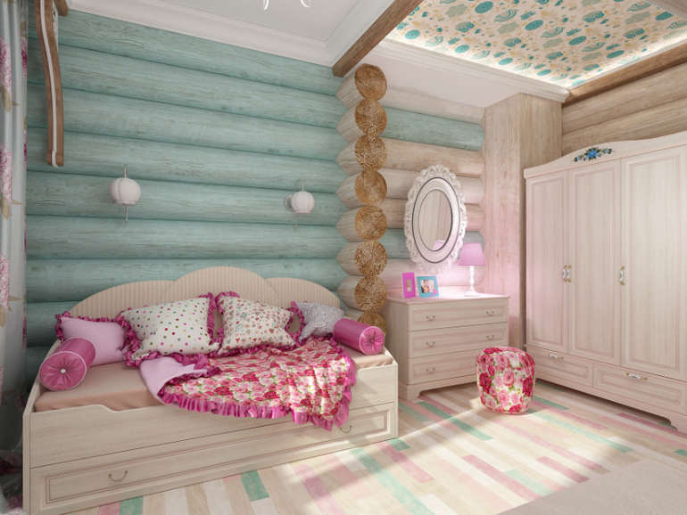 Interior of a children's room for a girl in a log house
