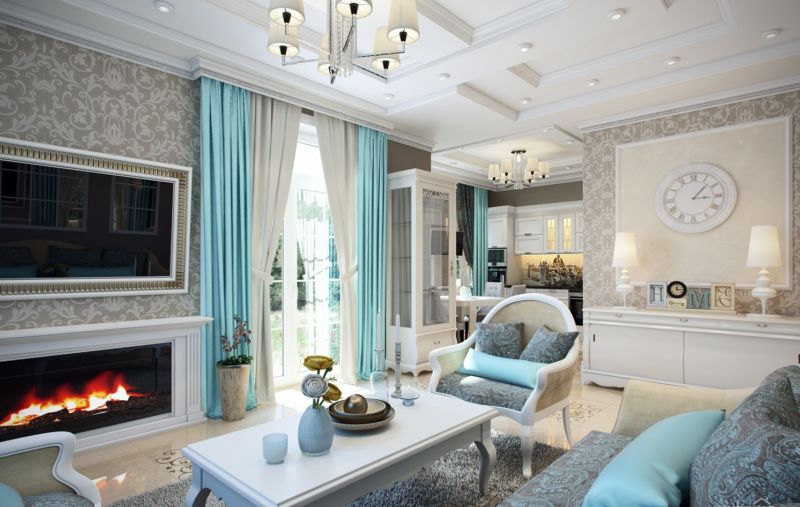 Rideaux turquoise sur la fenêtre du salon dans la cour