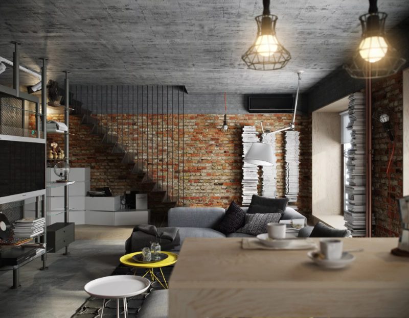 Plafond en béton dans un salon de style loft